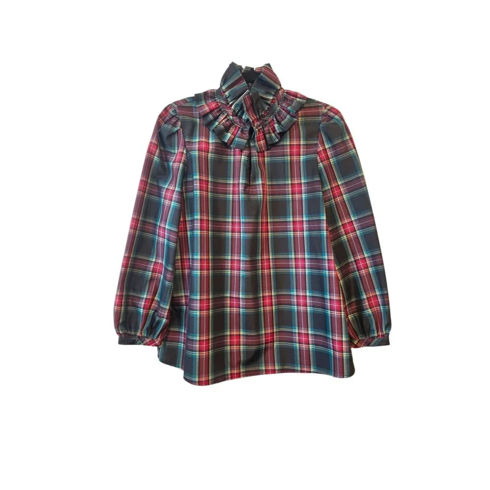 Tuckernuck Highland Tartan Bouvier Blouse Plaid Ruffle Neck Size Small
